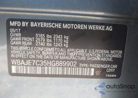 2017 BMW 540I xDrive из США, поврежденный, VIN WBAJE7C35HG889902